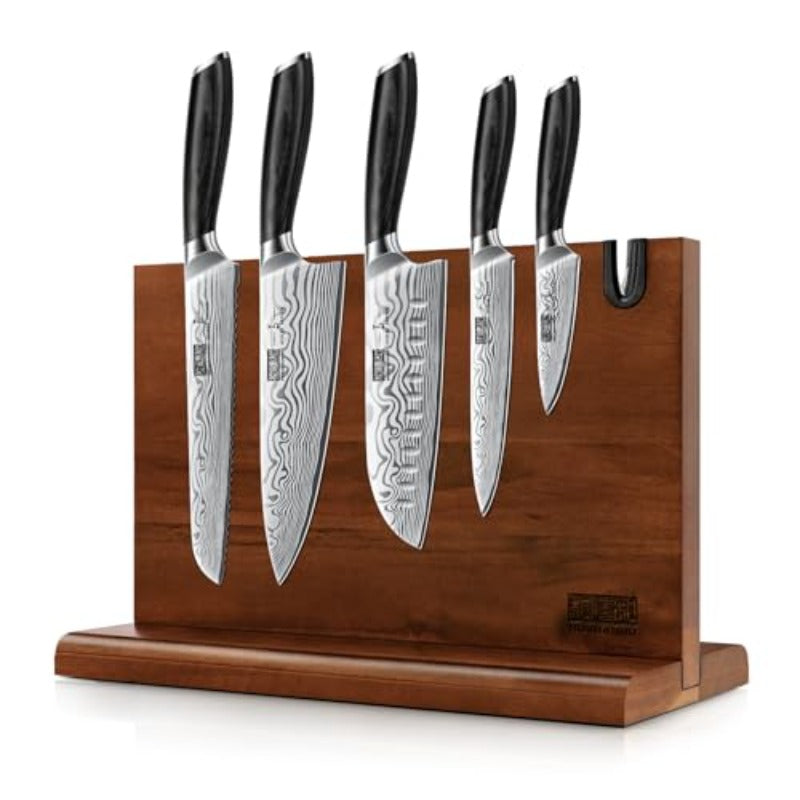 5 Pieces Knife Set Profional Powder Steel Chef Knife Set and Magnetic Knife Block 14 x 10 Inches Double Sided Magnetic Knife Holder Rack for Kitchen Counter