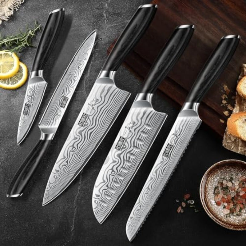 5 Pieces Knife Set Profional Powder Steel Chef Knife Set and Magnetic Knife Block 14 x 10 Inches Double Sided Magnetic Knife Holder Rack for Kitchen Counter