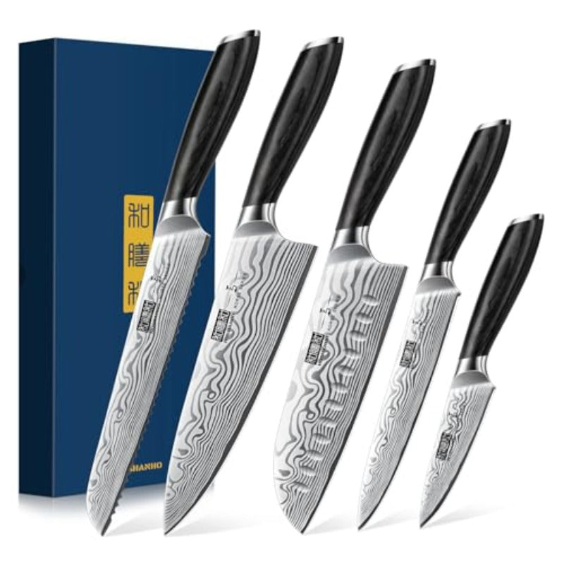 5 Pieces Knife Set Profional Powder Steel Chef Knife Set and Magnetic Knife Block 14 x 10 Inches Double Sided Magnetic Knife Holder Rack for Kitchen Counter