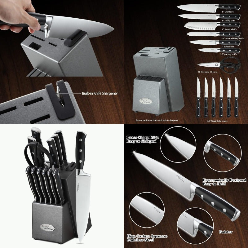 Kitchen Knife Set with Block KYA3114pcs Japanese Stainless Steel Cutlery Knives Block Set for Kitchen with Builtin Sharpener